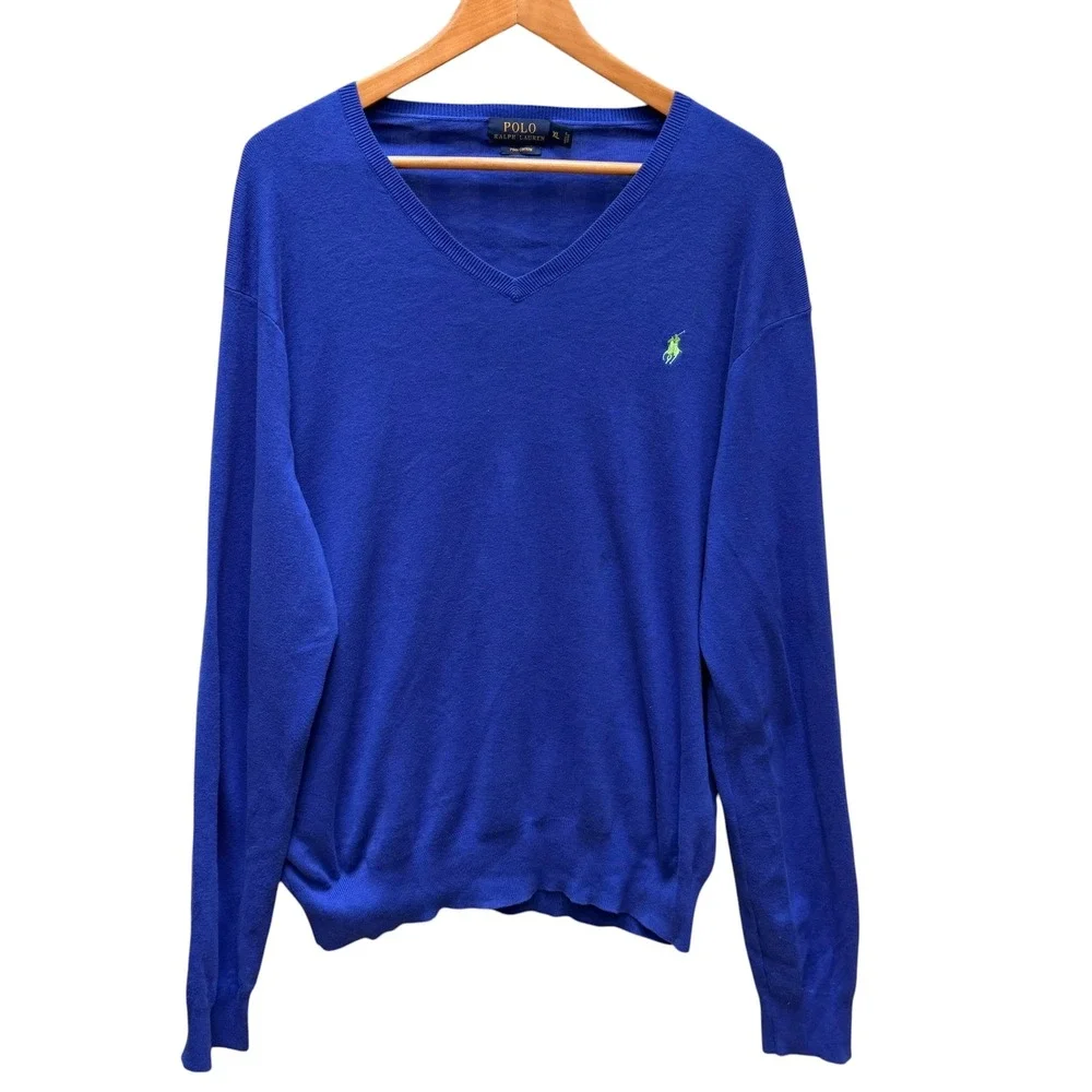 Polo Ralph Lauren Sweater Mens XL Blue Pima V-Neck Preppy Minimalist Classic